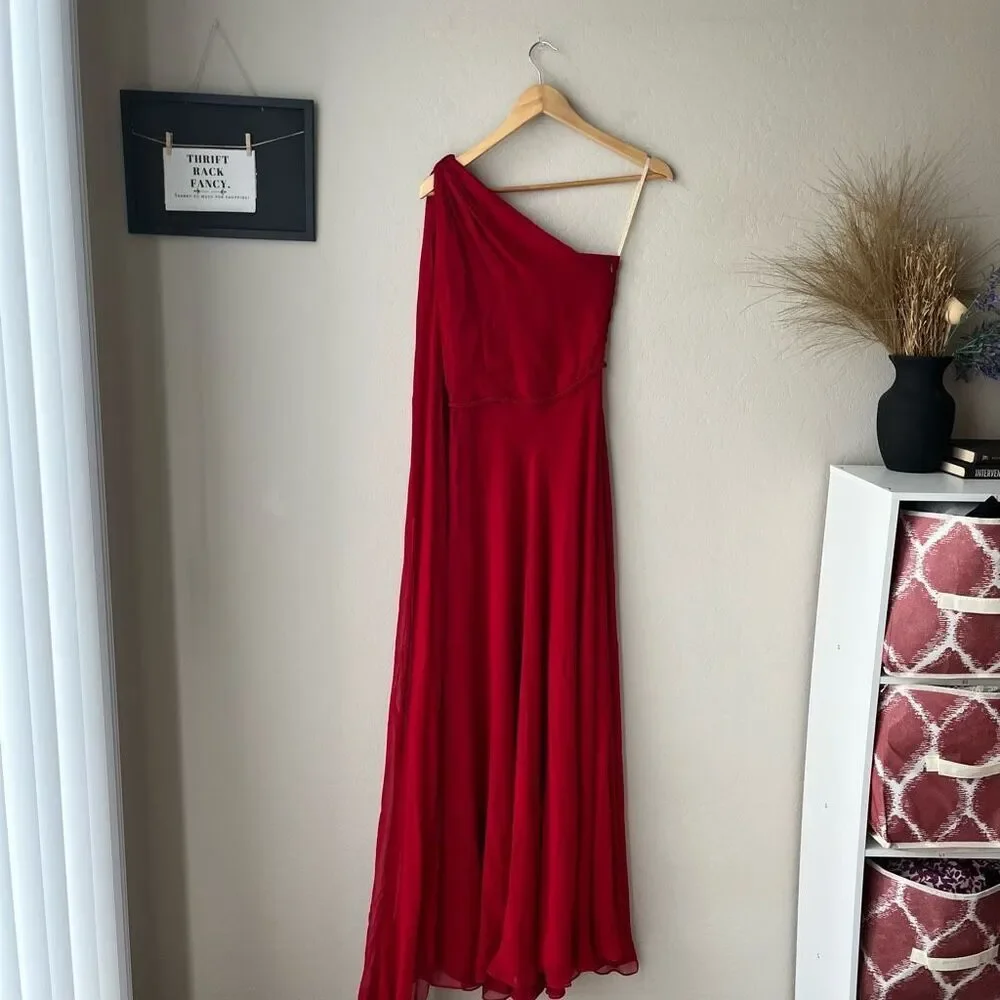 Naeem Khan Red 100% Silk Draped One-Shoulder Braided Waist‎ Chiffon Gown Size 4 - Picture 11 of 13